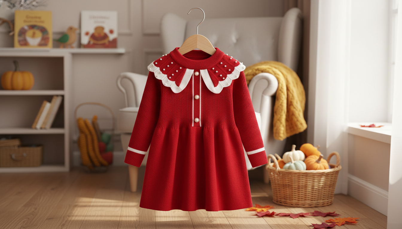 Autumn Red Knit Pearl Dress for Girls: Fall Style Guide
