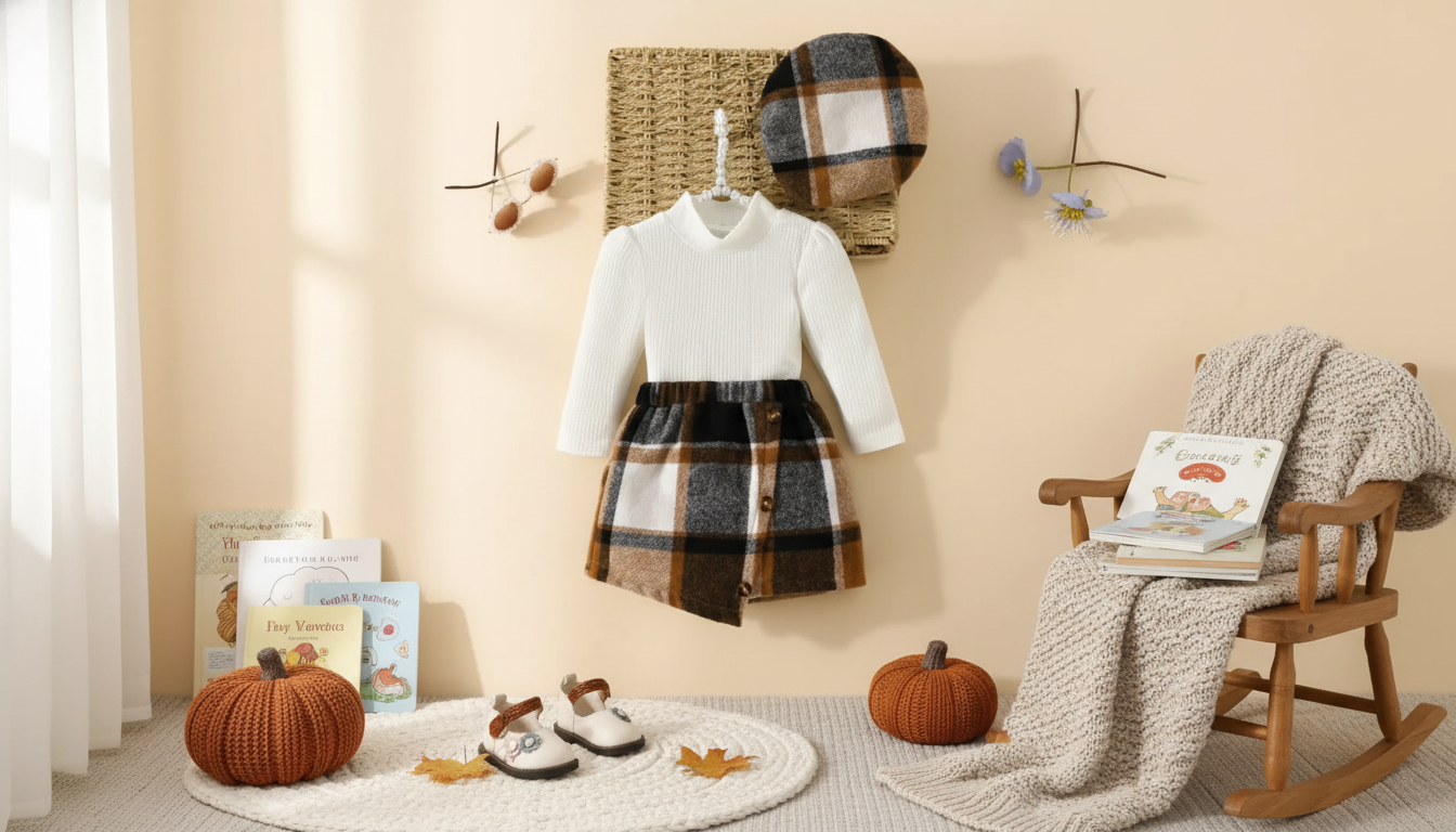 Cozy Baby Girl Fall Outfit: Top, Plaid Skirt & Beret