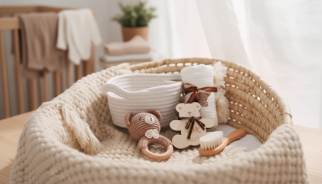 Crochet Bear & Wooden Rattle Set + Milestone Cards