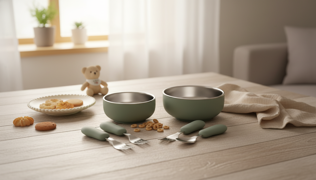 4PCS Baby Feeding Set: Silicone Bowl + Steel Utensils