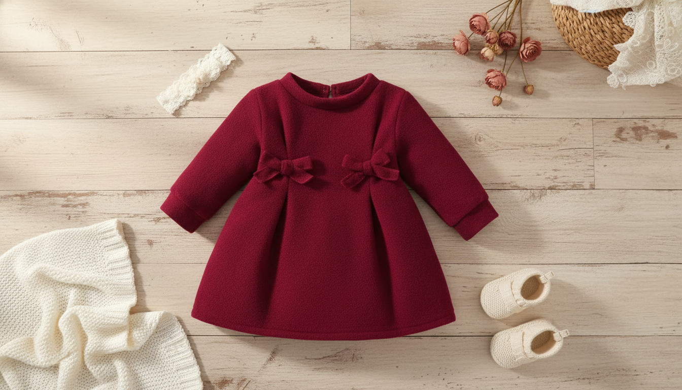Wine Red Wool Skirt Baby Dress with Double Bow