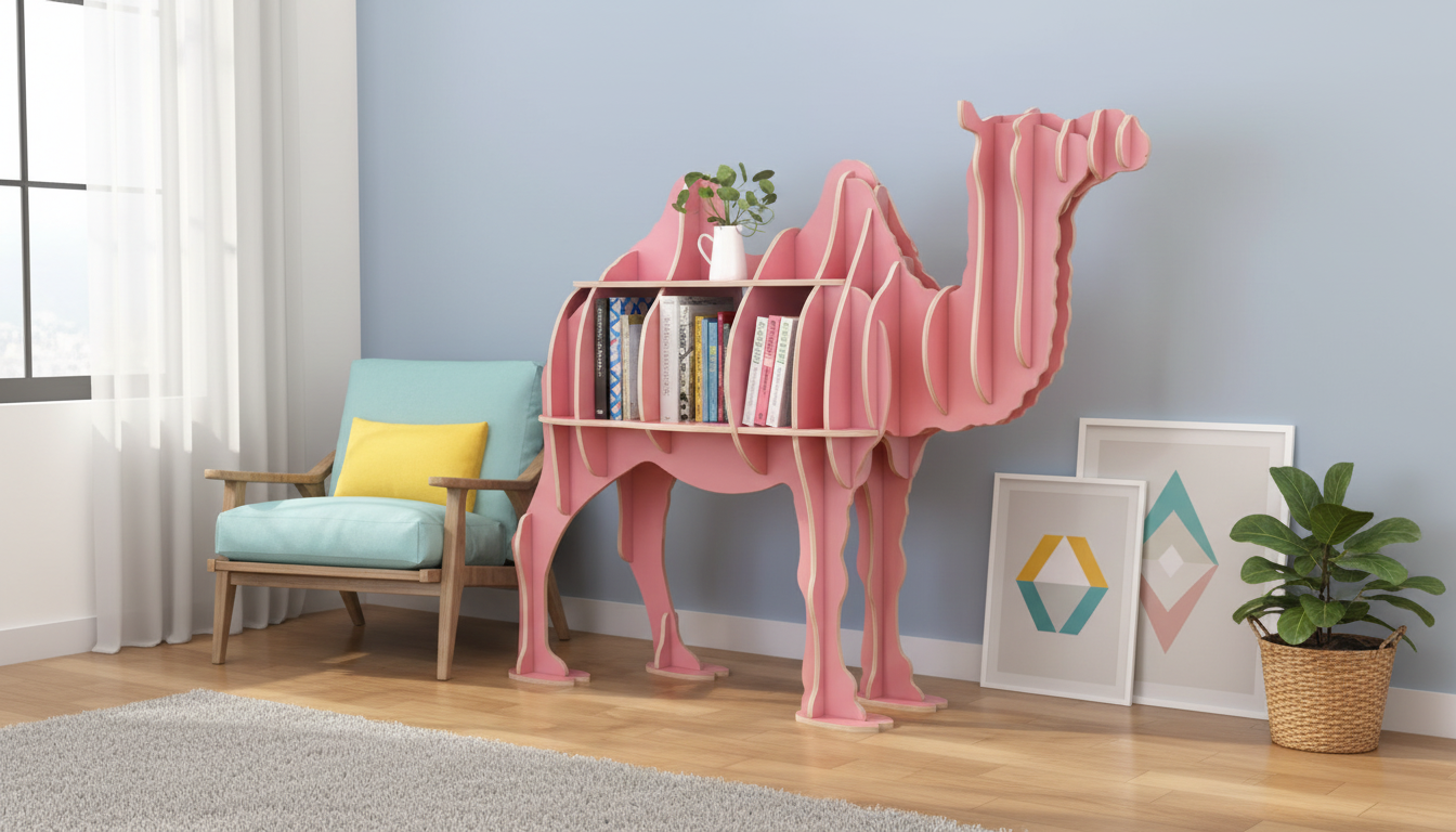 Camel-Shaped Wooden Bookcase for Books, CDs & Movies