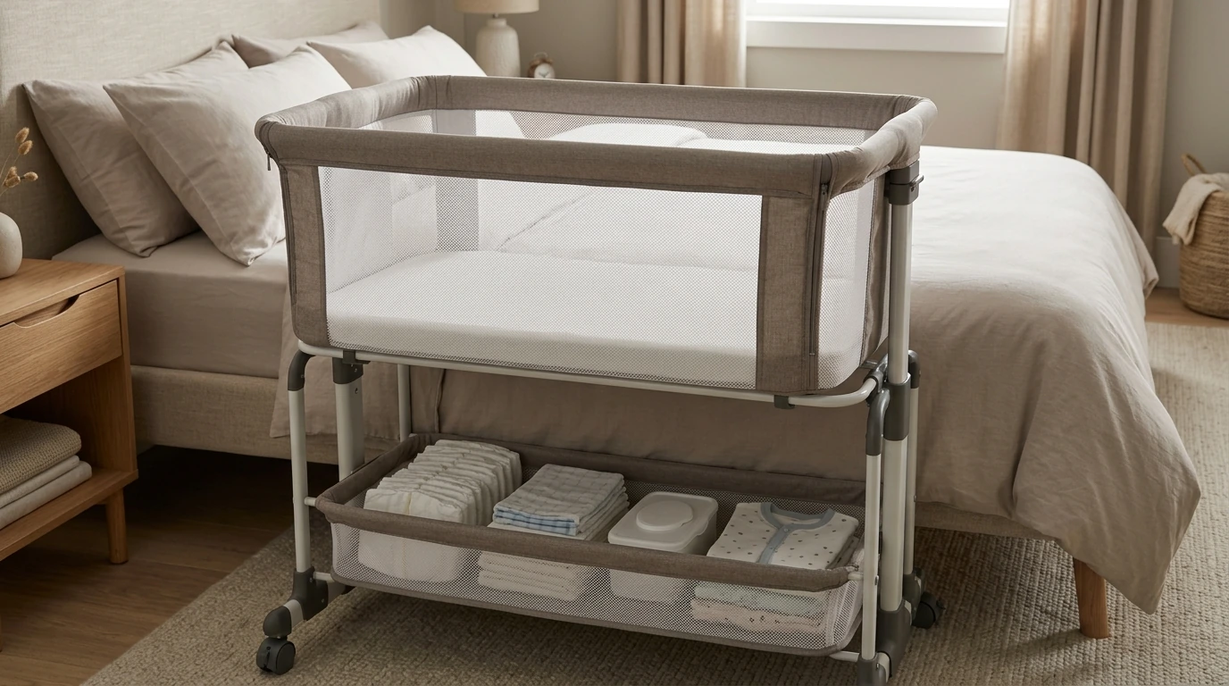 Adjustable Bedside Bassinet: Mesh Sides & Storage Guide