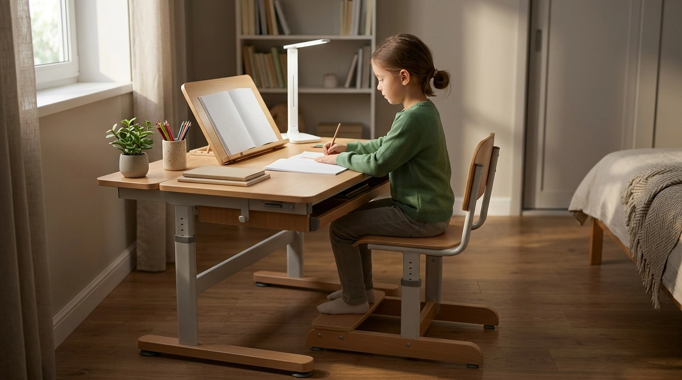 Adjustable Kids Study Desk & Chair with Lamp and Book Stand