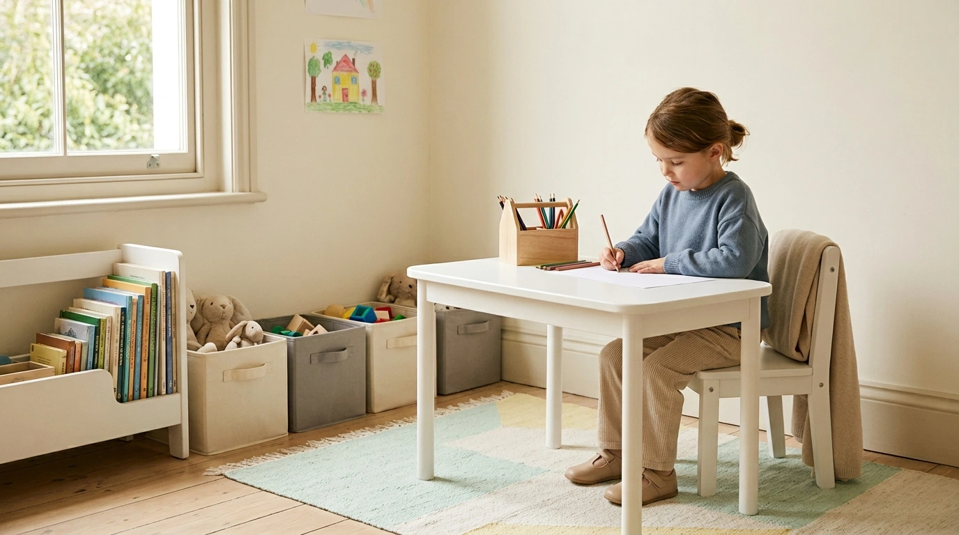 White Minimalist Kids Study Table & Chair for Rooms