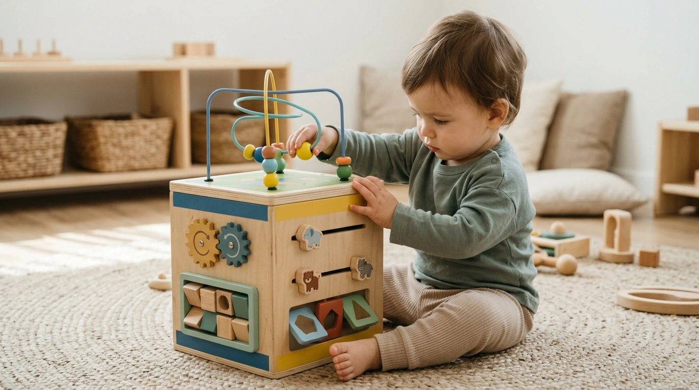 Wooden Montessori Activity Cube for Toddlers: Skill Play