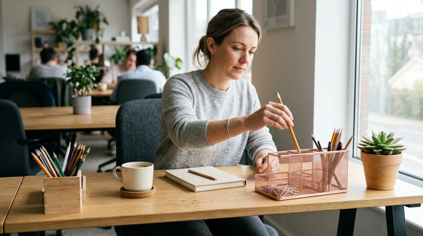 A Tidy Desk with a Rose Gold Mesh Organizer