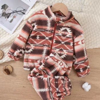 Girls Geometric Print Jacket & Pants Set for Fall